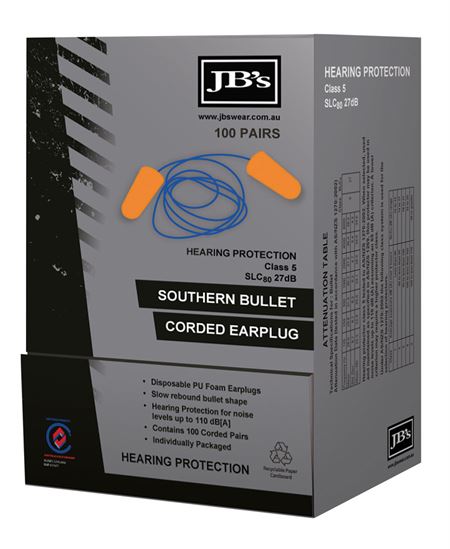 JB's SOUTHERN BULLET CORDED EARPLUG (100 PAIR)