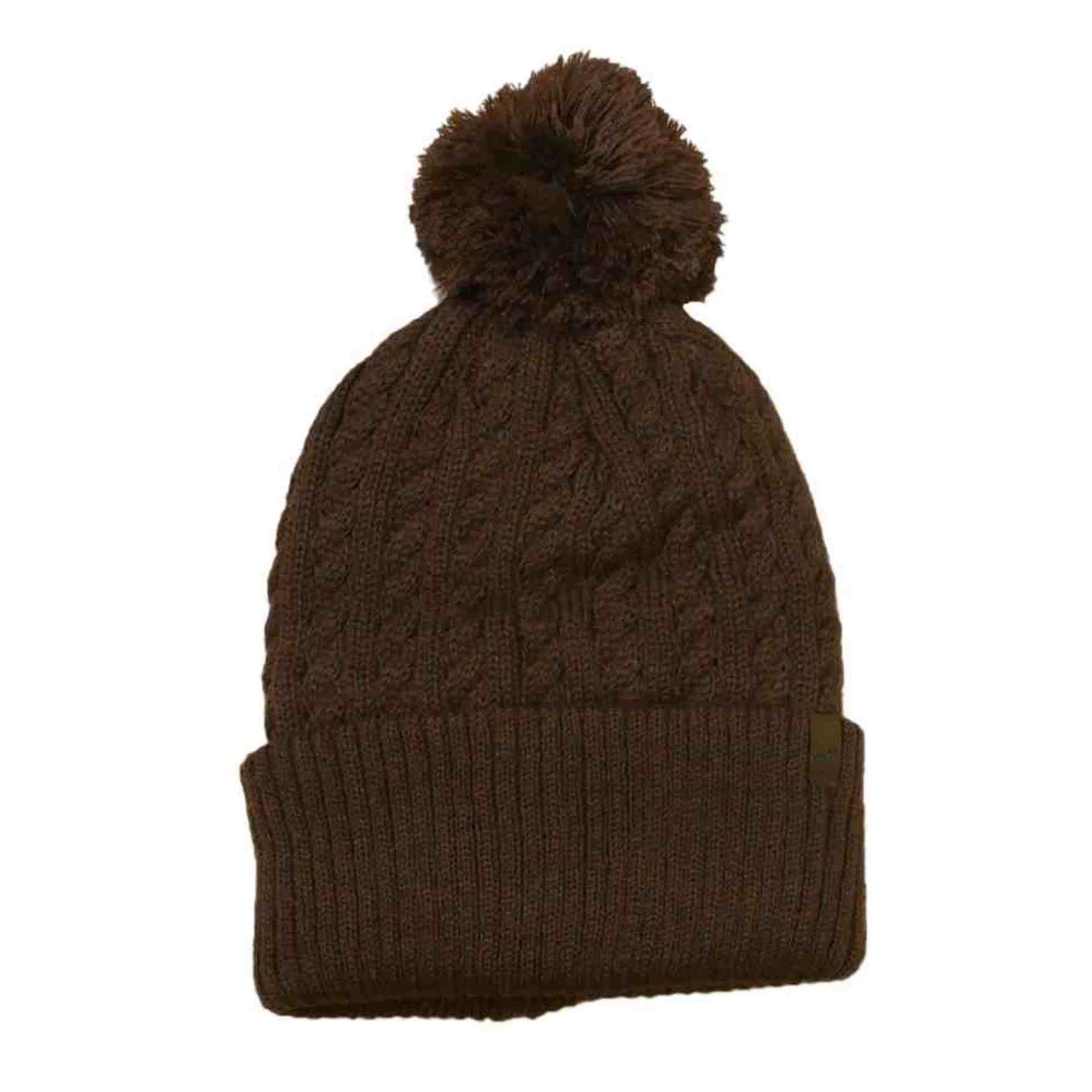 Cable Cuff Pom Pom Beanie - Light Brown