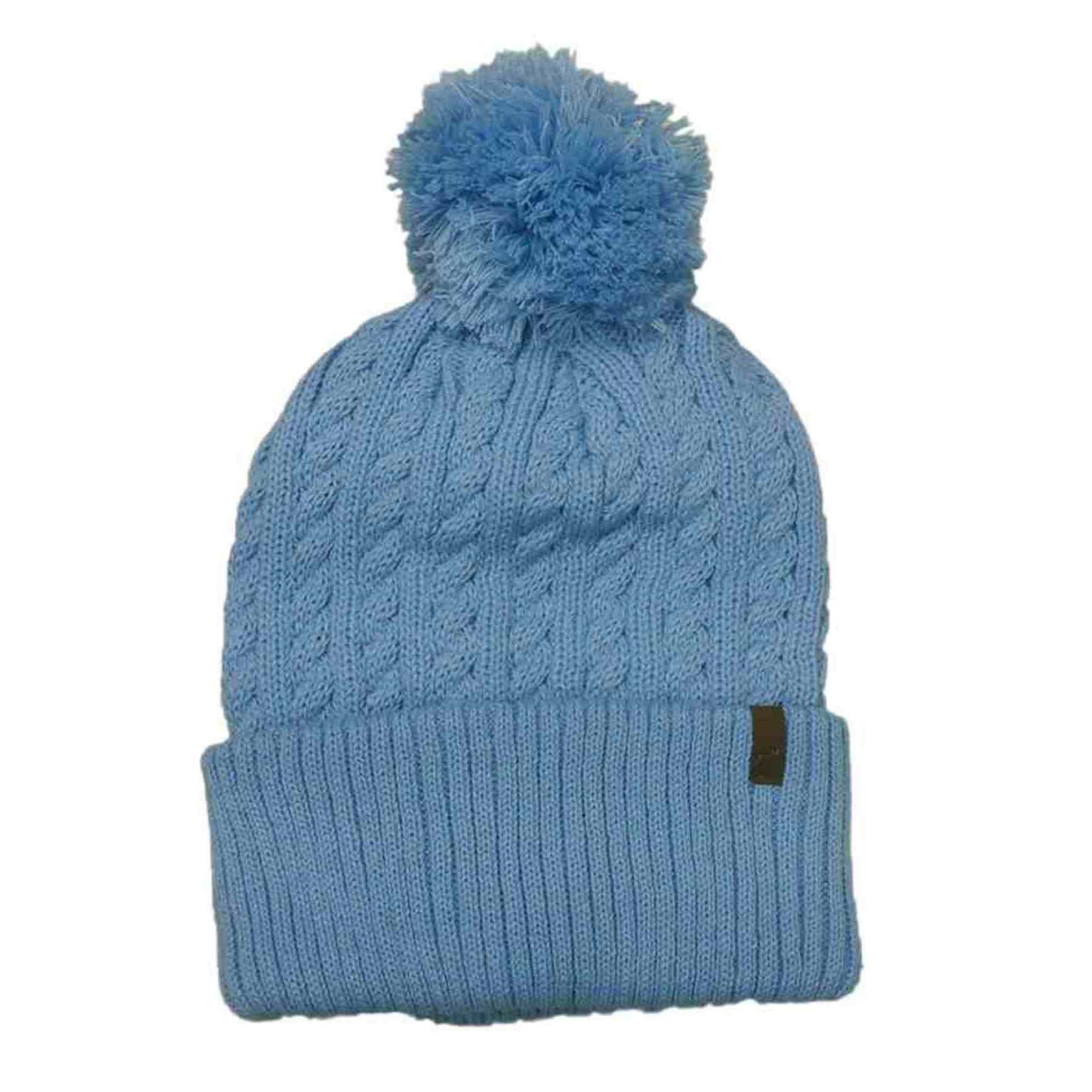 Cable Cuff Pom Pom Beanie - Light Blue