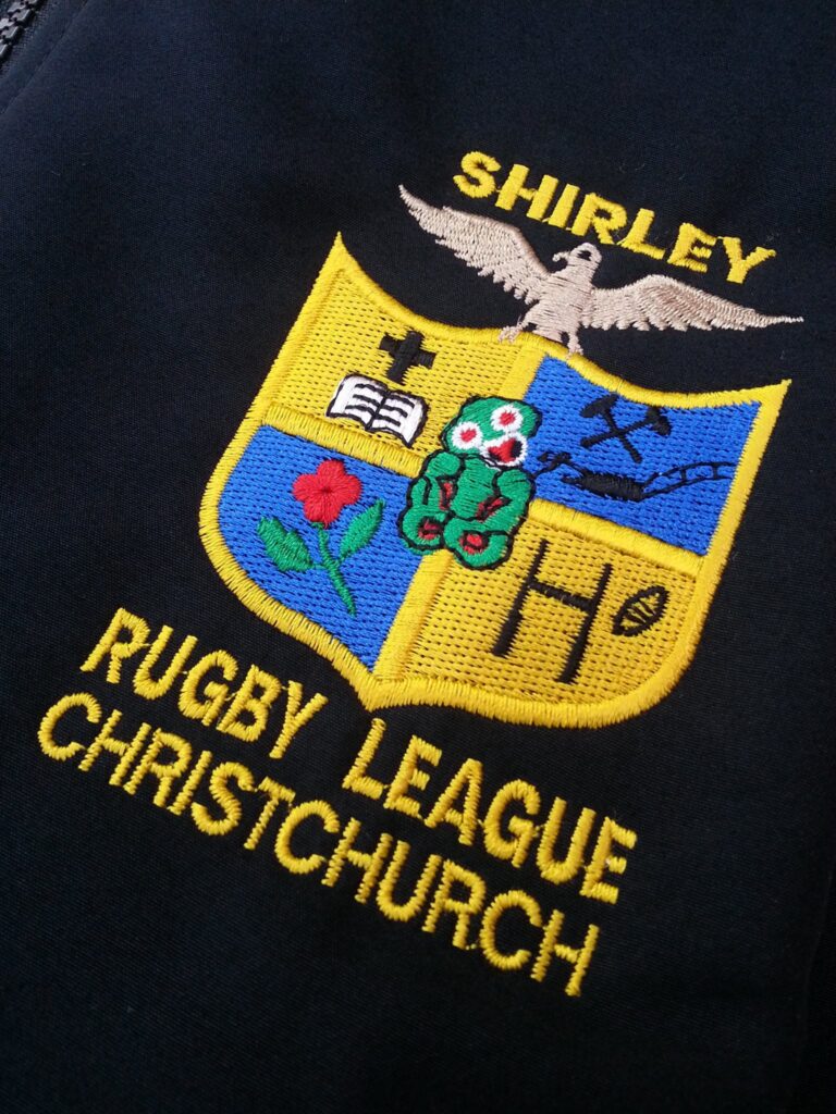 custom 6 colour embroidery for teamwear logo on rugby jersey