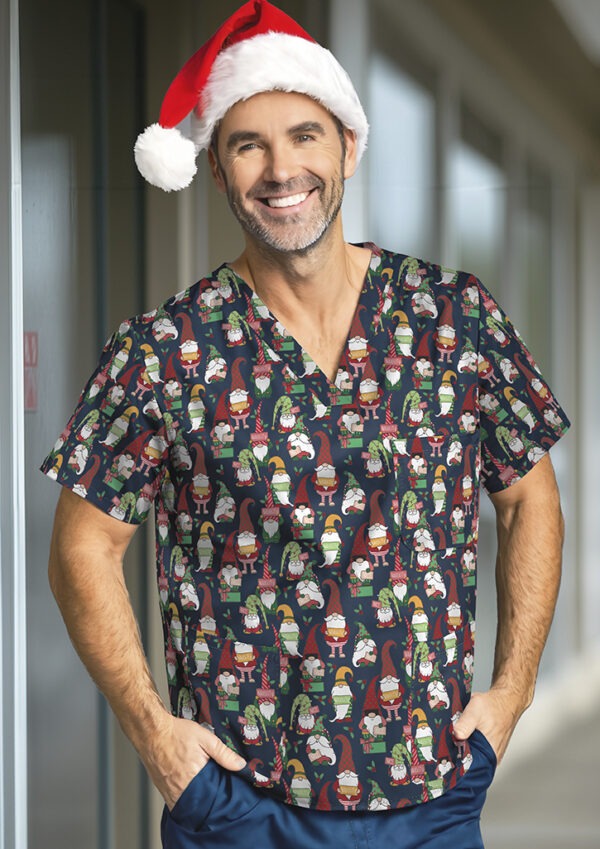 Unisex Christmas V-Neck Short Sleeve Scrub Top Midnight Navy/Gnomes Print