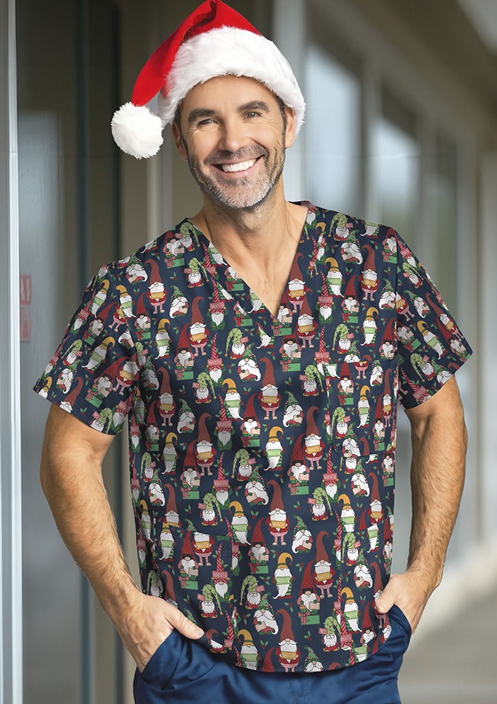 Unisex Christmas V-Neck Short Sleeve Scrub Top Midnight Navy/Gnomes Print